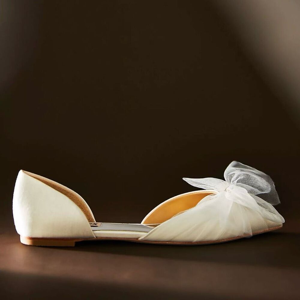 Badgley Mischka Fergie Bridal Ballet Flats Ivory Tulle Bow Pointed Toe D’Orsay S - Picture 2 of 13